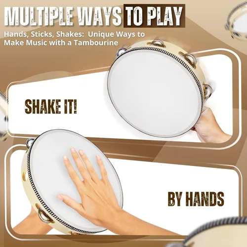 Miniatura 6 de Flexzion Pandereta redonda de madera para niños y adultos de 8" pulgadas, 8 pares de jingles de fila única, instrumento de percusión de mano de Una