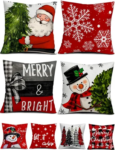 multiwins Decoraciones Navideñas Juego de 4 Fundas de Cojines Navideños con Estampado de Doble Cara de 16" x 16", con 8 Bonitos Patrones, Fundas de