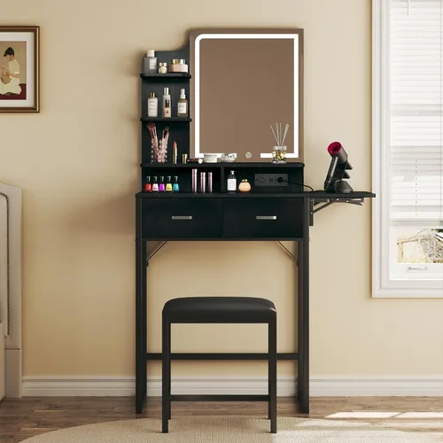 Miniatura 9 de ALEXNUTRE Escritorio de maquillaje con espejo y luces, pequeño tocador con cajón de almacenamiento de tela, silla y estantes, tocador con panel