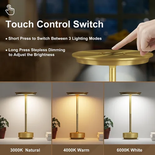 Miniatura 2 de Lámparas de mesa recargables inalámbricas, lámpara de mesa portátil de 5000mAh con control táctil, atenuación continua de 3 colores, lámpara de mesa