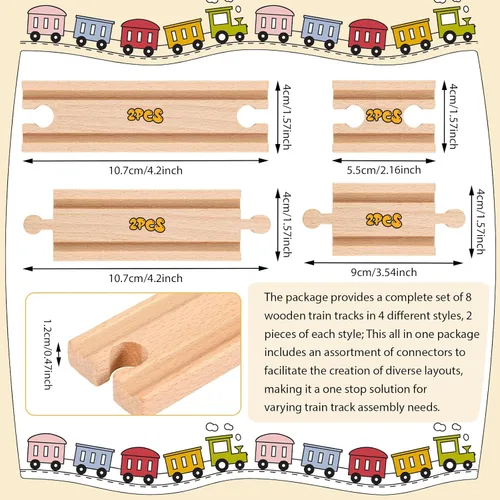 Miniatura 2 de Liliful Paquete de 8 paquetes de expansión de pistas de tren de madera compatibles con la mayoría de las pistas de tren (2 tamaños, rectas mixtas)