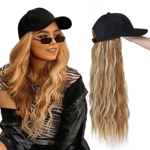 Miniatura 12 de Gorra de béisbol con peluca de cabello largo ondulado natural, con gorra, resistente al calor, mezcla sintética marrón rubio, fibras ajustables