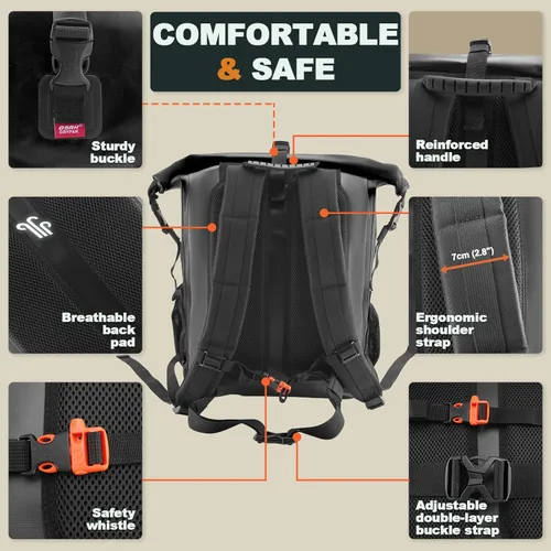 Miniatura 4 de OSAH DRYPAK Mochila impermeable Bolsa seca – Mochila de senderismo enrollable para viajes, kayak, canotaje, camping y pesca, Negro, 25 L, Casual
