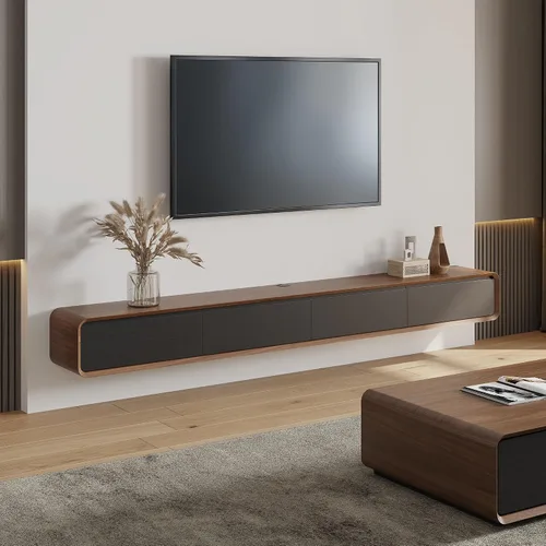 Miniatura 11 de POVISON - Soporte de TV flotante minimalista totalmente ensamblado, moderno centro de entretenimiento montado en la pared con 3 puertas abatibles