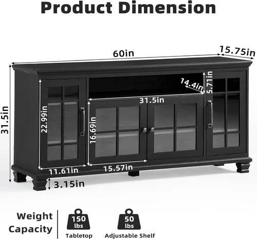 Miniatura 2 de SAVOR LIFE - Aparador grande negro con gabinete de buffet y almacenamiento, credenza vintage de casa de campo de 60" de ancho con puertas de vidrio