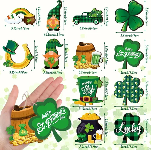 Miniatura 2 de Ferraycle 36 adornos de árbol del día de San Patricio, adornos de madera de trébol para árboles pequeños, decoraciones de trébol, gnomo, trébol