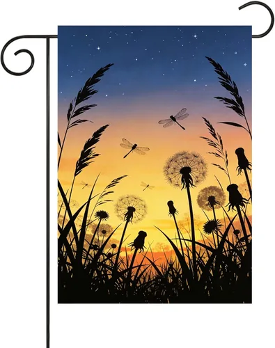 Bandera de verano y primavera, diseño de libélula, puesta de sol nocturno, sobre el pantano, jardín, patio, 12 x 18 pulgadas, banderas decorativas