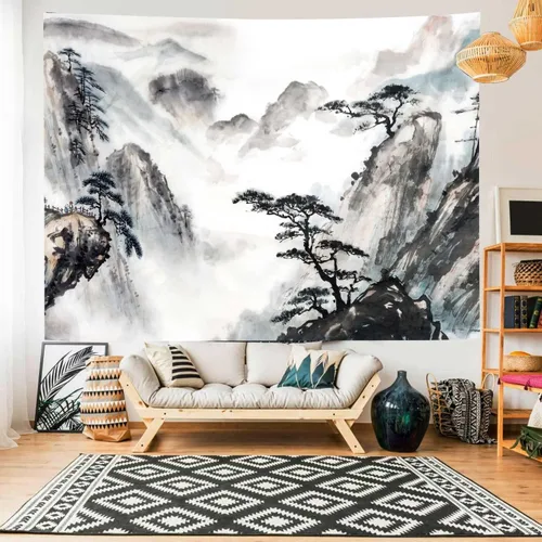 Miniatura 4 de Hjokiupt Tapiz japonés, pintura de paisaje asiático, tinta oriental, acuarela, árbol de montaña, decoración abstracta de dormitorio, tapiz