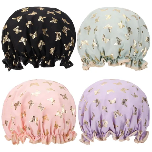 Miniatura 8 de 4 Piezas Gorros de Ducha para Mujeres y Niña, Gorro de Baño Reutilizable e Impermeable con Doble Capa Impermeable, Patrón de Pájaro y Corazón