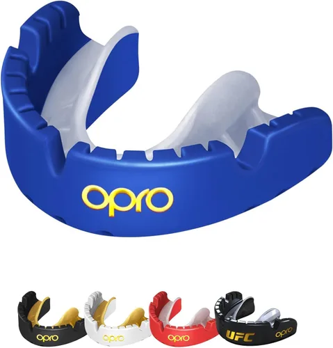 OPRO - Protector bucal Gold Level para aparatos dentales, protector bucal moldeable para comodidad y ajuste para boxeo, hockey, artes marciales Azul