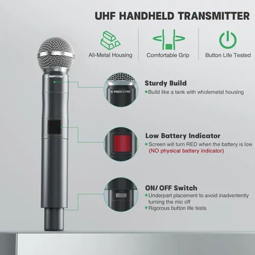 Miniatura 2 de Phenyx Pro Micrófono inalámbrico profesional, micrófono dinámico UHF de 541.9 MHz, micrófono inalámbrico de metal, transmisor de micrófono de mano