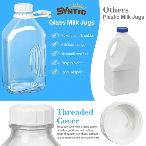 Miniatura 4 de Syntic Botella de leche de vidrio de 2 cuartos con tapa de rosca hermética reutilizable y resistente, botellas de vidrio de 64 oz para leche