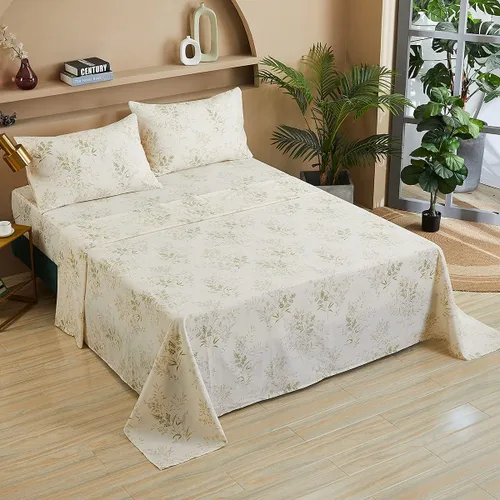Miniatura 2 de FADFAY Juego de sábanas de hojas florales, tamaño King, 100% algodón de primera calidad, 600 hilos, ropa de cama de flores verdes y crema, estampado