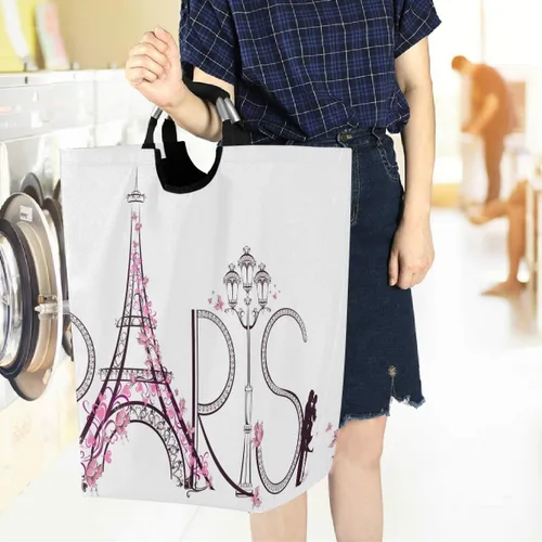 Miniatura 6 de visesunny Tower Eiffel - Cesta grande para ropa sucia con letras de París, con asa, plegable, duradera, bolsa de lavandería, contenedor de juguetes
