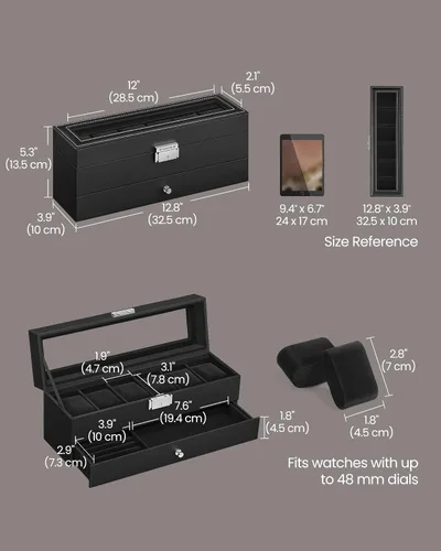 Miniatura 13 de SONGMICS UJWB012 - Caja de reloj de 12 ranuras, caja de reloj con cerradura con tapa de vidrio, 2 capas, con 1 cajón para anillos, pulseras, idea