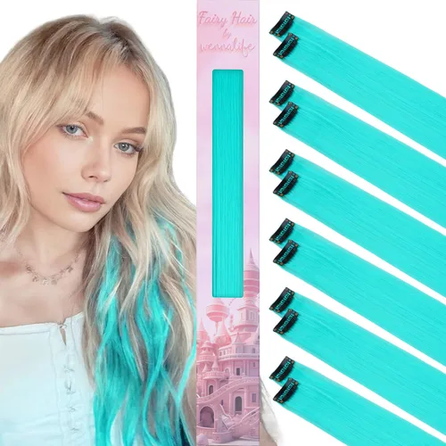 Miniatura 13 de Wennalife 12 piezas de extensiones de cabello azul con clip, extensiones de cabello con clip de colores para niños, pinzas de cabello arcoíris