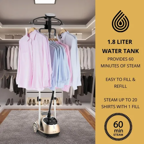 Miniatura 9 de SALAV Vaporizador profesional de ropa de 1500 W con control de pedal Calentamiento rápido de 45 segundos, tanque de 1.8 L, hasta 1 hora de vapor