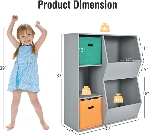 Miniatura 3 de Costzon Organizador de almacenamiento de juguetes para niños con 5 cubículos, estantería para niños y contenedores de almacenamiento de juguetes