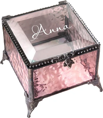 Caja decorativa de cristal rosa personalizada, organizador de joyas, regalo de recuerdo para ella y mujer, decoración vintage rosa J Devlin Ellen