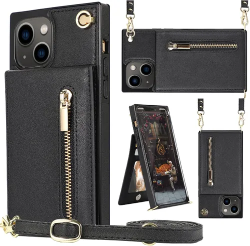Funda cruzada compatible para iPhone 13 tipo cartera con correa cruzada de cuero con soporte para tarjetas, negro Mariposa