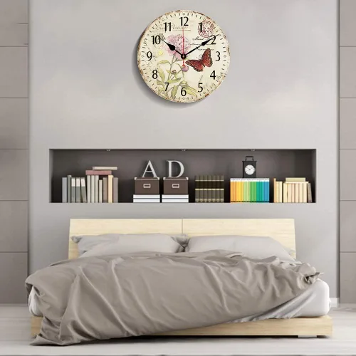 Miniatura 6 de Reloj de pared silencioso de 14 pulgadas sin tictac, relojes de pared con números arábigos grandes, reloj redondo de madera con patrón de mariposa