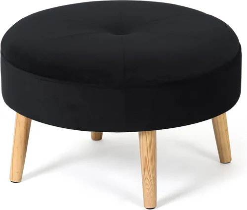Miniatura 10 de Adeco Otomana redonda de terciopelo de 23 pulgadas con esponja gruesa y patas de madera antideslizantes, reposapiés de tela moderna, reposapiés