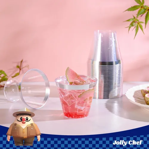 Miniatura 5 de JOLLY CHEF Paquete de 100 vasos de plástico plateado, vasos de plástico transparente de 9 onzas, elegantes vasos con borde plateado, vasos