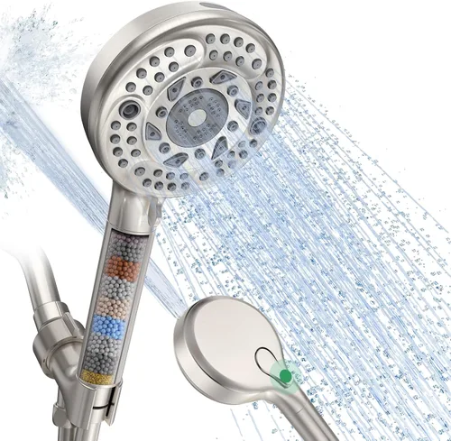 Cabezal de ducha filtrado con mango, 9 modos de pulverización, cabezal de ducha desmontable de alta presión con filtros para agua dura - Elimina el