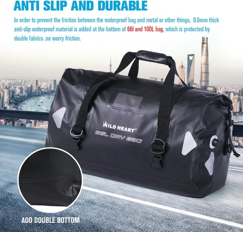 Miniatura 3 de WILD HEART Bolsa de lona impermeable para motocicleta, PVC500D, doble parte inferior, con correas de cuerda y bolsillo interior, 40L, 66L, 100L