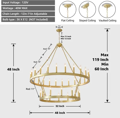 Miniatura 3 de EGM Candelabro dorado de 48 pulgadas con rueda de carro de 2 niveles, 36 luces grandes de color dorado cepillado estilo granja, lámparas de techo