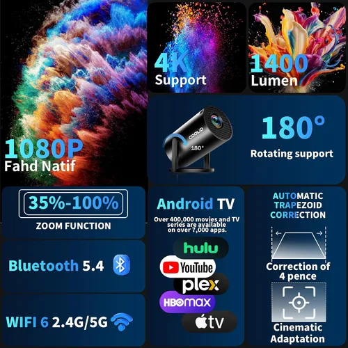 Miniatura 2 de [Aplicaciones integradas y actualización 2025] Mini proyector compatible con 4K 1080P Auto Keystone 270° giratorio con WiFi 6 y Bluetooth 5.4