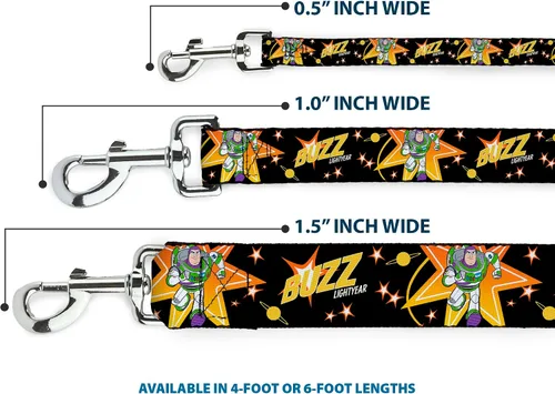 Miniatura 3 de Correa para perro Toy Story Buzz Lightyear Running Stars Negro, Naranja, Amarillo, 4' Largo 1.0" Ancho