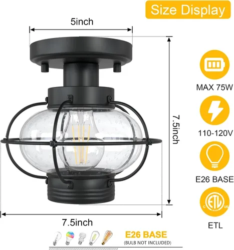 Miniatura 3 de Kalium Lámpara de techo para porche, lámpara de techo empotrada al aire libre con pantalla de globo de cristal, base estándar E26, lámpara