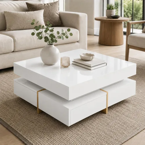 Mesa de centro moderna con almacenamiento, mesa de centro cuadrada contemporánea con cajones, mesa central moderna de alto brillo para sala de Blanco