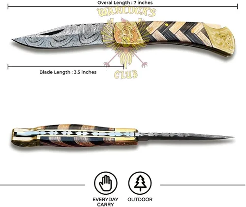 Miniatura 3 de Cuchillo de bolsillo de Damasco hecho a mano con funda, cuchillo de caza plegable de 7" con mango de madera, pequeño cuchillo de camping