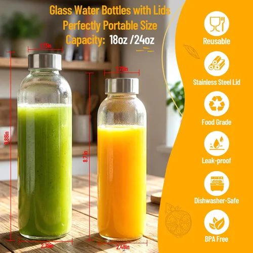 Miniatura 5 de Luxfuel Botellas de vidrio transparente de 24 onzas con tapas, botellas de agua de vidrio reutilizables con tapa de acero inoxidable para jugos