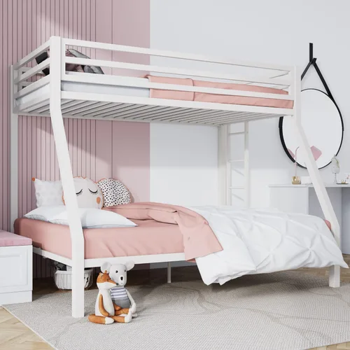 Miniatura 10 de SHA CERLIN Litera tipo loft de tamaño Twin sobre Full con escalera y barandilla, listones de metal resistente, no necesita somier, muebles Negro