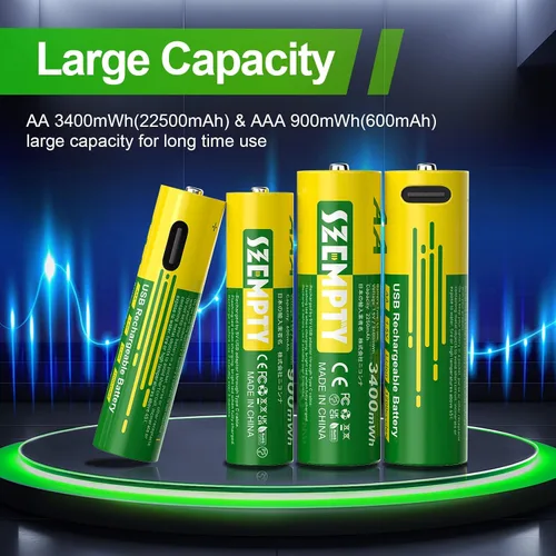 Miniatura 2 de Paquete combinado de baterías recargables AA y AAA, 1.5 V USB-C de litio doble A 3400 mWh y triple A de 900 mWh con cable 4 en 1 de carga rápida