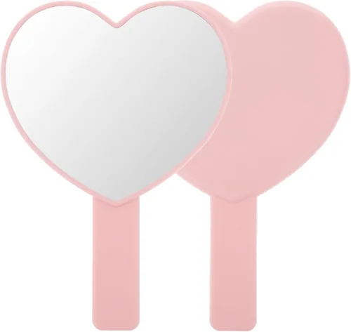 Dimeho Espejo de mano de viaje en forma de corazón, espejo de mano de maquillaje en forma de corazón con asa, espejo cosmético portátil para mujeres