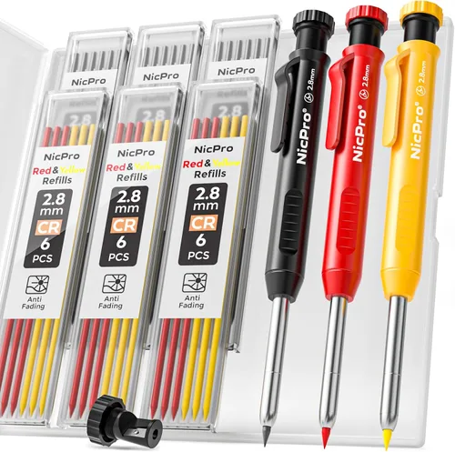 Miniatura 11 de Nicpro Lápiz de carpintero con sacapuntas, juego de lápices mecánicos con 26 recambios, marcador de agujeros profundos para construcción, Negro
