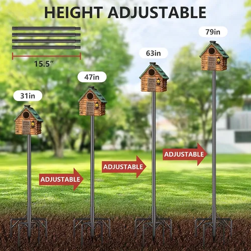 Miniatura 6 de Kit de poste para comedero de pájaros, poste de casa de pájaros de 79 pulgadas para exteriores resistente, 5 puntas de base ajustables, soporte