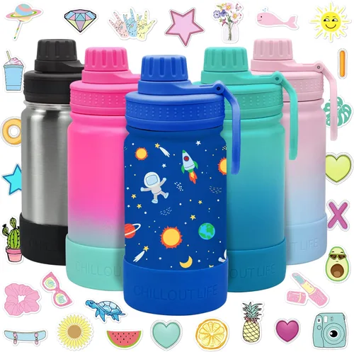 Miniatura 40 de CHILLOUT LIFE Botella de agua aislada para niños de 12 onzas para la escuela con tapa de boquilla a prueba de fugas y bonitas calcomanías Azul
