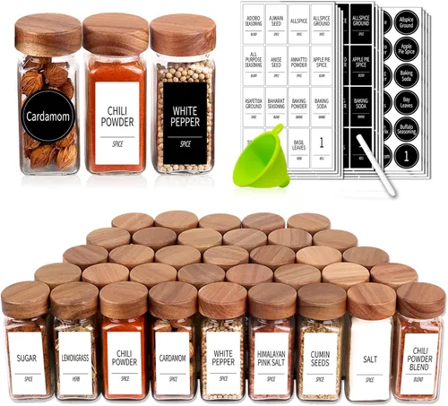 Churboro 36 frascos de vidrio para especias con 547 etiquetas con tapas agitadoras - Recipientes cuadrados para especias de 4 oz con tapas de madera