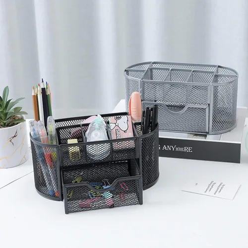 Miniatura 7 de Organizador de escritorio de malla, suministros de oficina, multifuncional, con 8 compartimentos y 1 cajón para oficina, hogar, escuela, aula