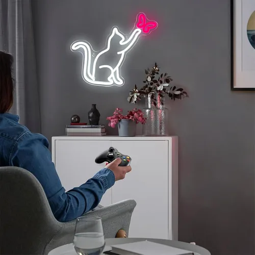 Miniatura 7 de Señales de neón de gato, señal de neón LED de gato y mariposa para decoración de pared, lindas luces de neón de gato, señal de luz de neón de arte