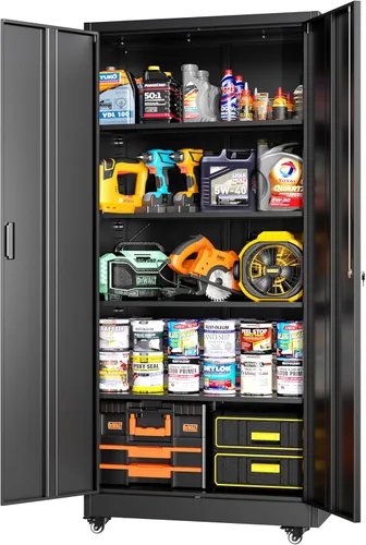 Greenvelly Armario de almacenamiento de metal de 73 pulgadas con ruedas, gabinete de metal negro con cerradura con 2 puertas y 4 estantes