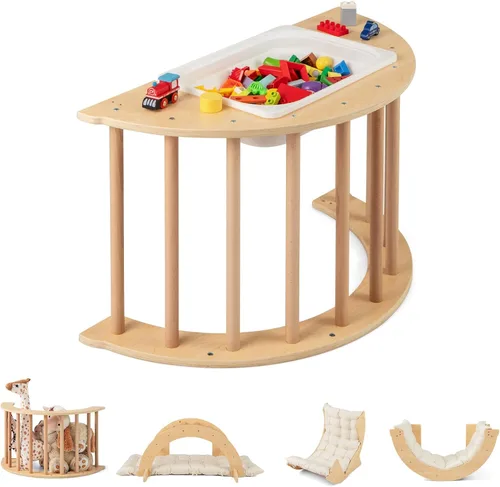 INFANS Balancín de madera para escalar arco con cojín suave, 6 en 1, juguetes Montessori de escalada para niños pequeños, mesa Waldorf para