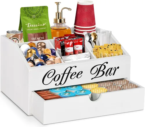 Organizador de barra de café, accesorios de barra de madera con cajón, organizador de estación de café, cesta de almacenamiento, estación de