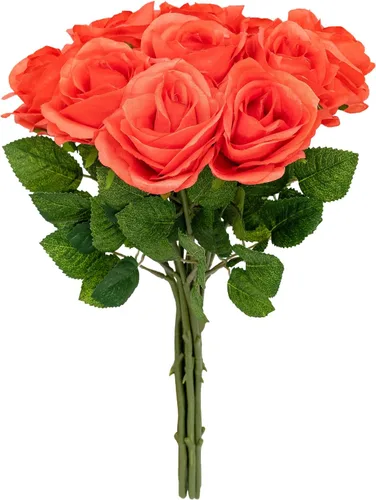 Miniatura 36 de Flores artificiales/falsas/sintéticas, rosas con 2 flores, coral, 10 unidades para bodas, hogar, fiestas, restaurantes
