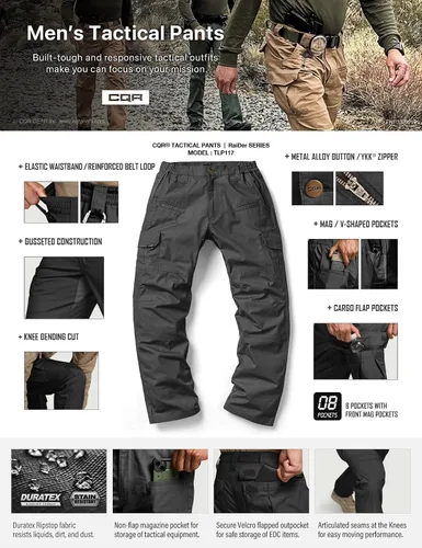 Miniatura 8 de CQR - Pantalones tácticos tipo cargo para hombre, tejido ripstop, resistentes al agua, ligeros, para uso diario, trabajo, senderismo o exteriores
